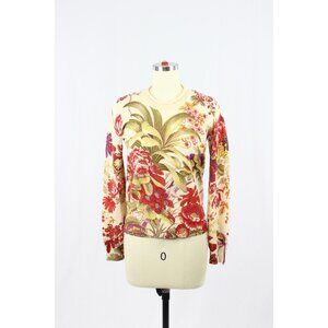 Vintage Y2K KENZO JEANS Beige Red Floral Wool Knit Crew Neck Sweater, Size L